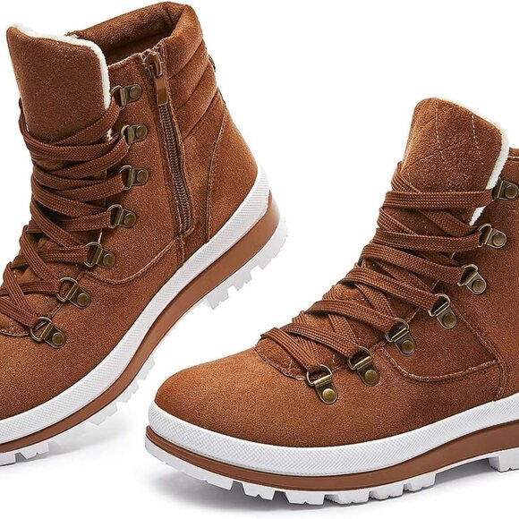 Brown Womens Combat Ankle Boots with Fluffy Insulation - Perfect for Winter